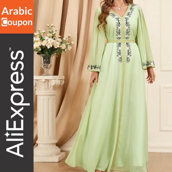 Light green chiffon caftan with soft embroidery